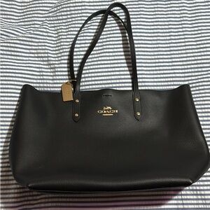 Coach Black Leather Tote with Gold Accents